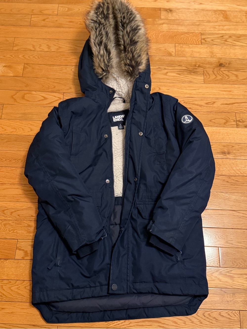 Lands' End Kids Dark Navy Insulated Parka with Faux Fur Hood- Size 10/12